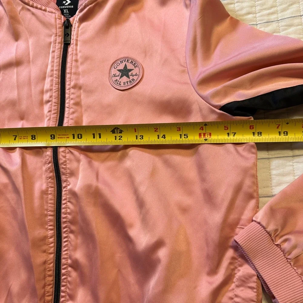 Converse All Star Kids XL Pink Satin Bomber Track Jacket Full Zip Black Stripe